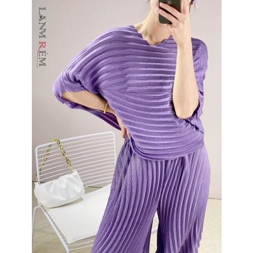 LANMREM Purple Pleated Suit 2021 Summer Casual Top Harlem Pants Loose Batwing Sleeve Shirt Female Fashion Clothing 2T1073