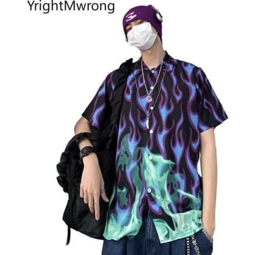 Fashion Streetwear Harajuku Hip Hop Tie Dye Graffiti Fire Button Up Short Sleeve Dark Blouse Woman Man Shirt Punk Hippie Outfit
