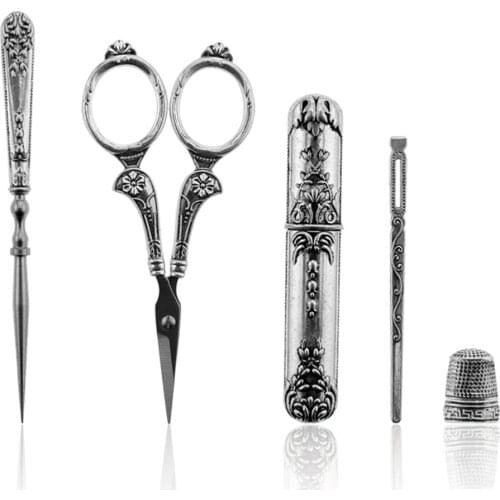 Retro Scissors Set Exquisite Vintage Scissor+Needle Storage Tube+Awl+Threader+Thimble Embroidery Tailor Scissors Sewing Tool