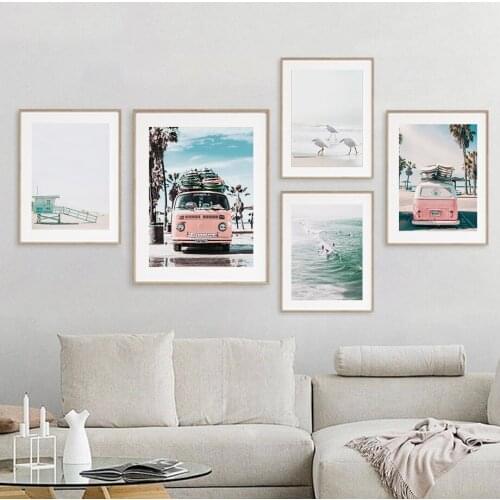 Wall Art Canvas Painting Sea Beach Surfboard Bus Seagull Nordic Posters And Prints Landscape Wall Pictures For Living Room Decor