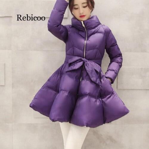 Solid Color High Collar Long Sleeve High Waist Bow Woman Down Fluffy Dress Fashion Winter Dresses New