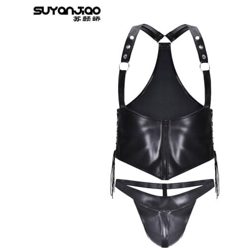 Sexy Fashion Mens Wetlook Faux Leather Straps Vest Top and Thong Brief Sets Sexy Male Jumpsuit Catsuit Short Panty Clubwear New
