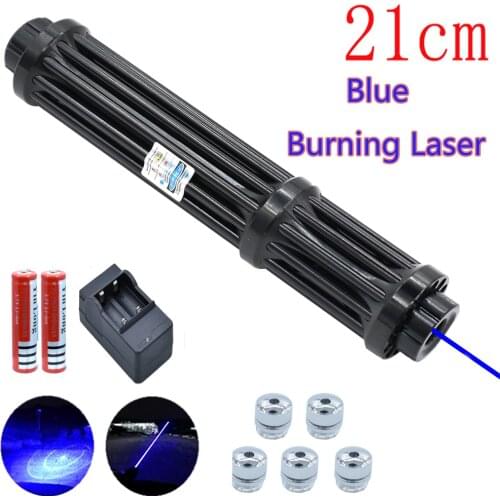 Hight Powerful Burning 21cm Blue Laser Torch 445nm 5000m 2w Laser Torch 450nm Focusable Flashlight Burn Match With 5 Star Cap