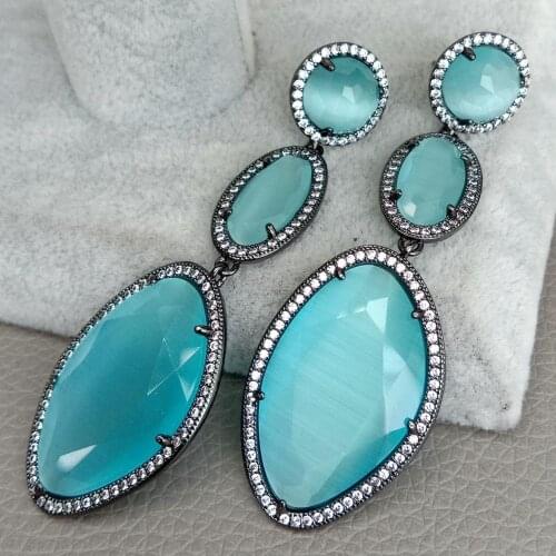 YYGEM Multi Shape Faceted Sky Blue Cats Eye Cz pave Gunmetal Stud Earrings Classic Rhinestone Geometric Women