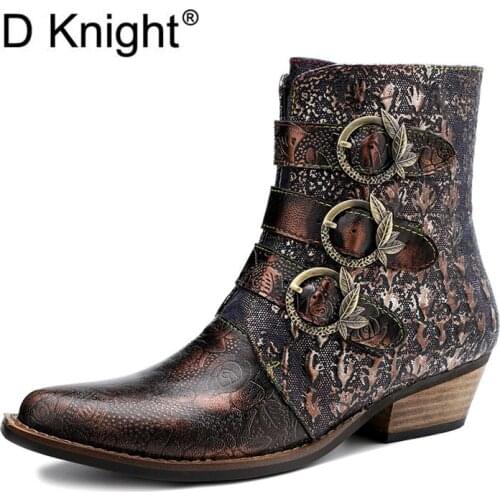 Autumn Spring Casual Ankle Boots Shoes For Woman Genuine Leather Print Retro Female Western Boots Classic Lady High Heels Boots