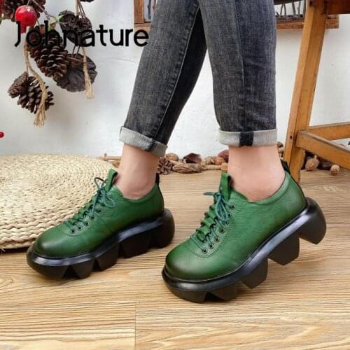 Johnature Genuine Leather Pumps Women Shoes 2021 New Spring/Autumn Retro Lace-Up Round Toe Handmade Concise Leisure Ladies Shoes