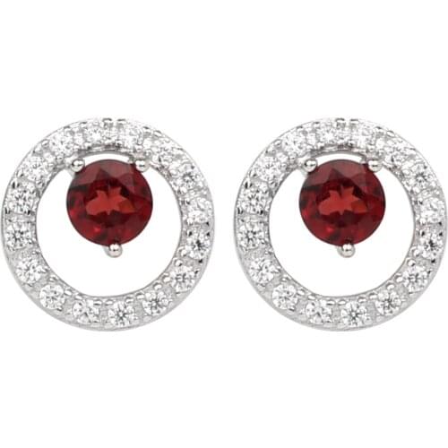 Women Red Garnet Stud Earrings Silver 925 Jewelry Round Base 5mm Gemstones January Birthstone Clear CZ Side Stones E093RGN