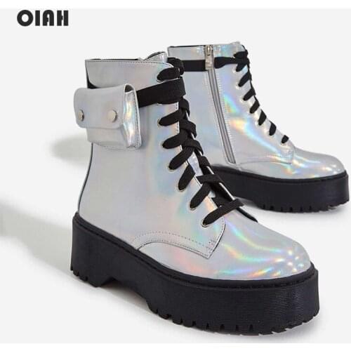 Winter Boots Women Silver PU Leather Flat Ankle Rubber Boots with Cargo Pocket Platform Biker Boots Women botines mujer 2019