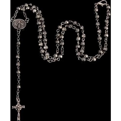 4mm stainless steel bead necklace, vintage gold rosary small necklace, female necklace Jesus cross necklace