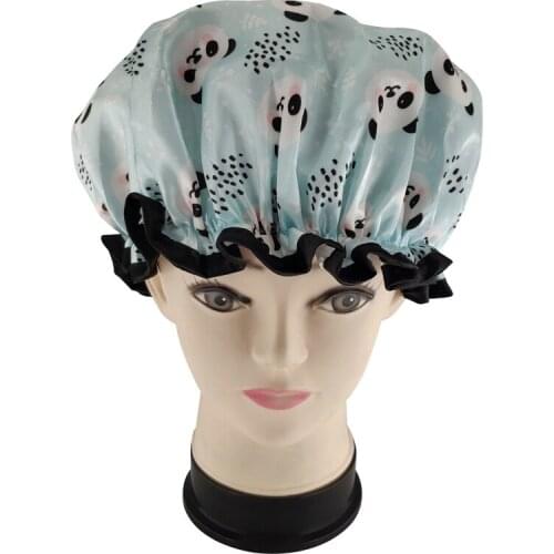 High quality customized digital Printed polyester satin fabric double layer panda clear shower caps