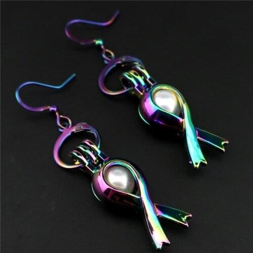 C-E285 Rainbow Drop Earrings Breast Cancer Ribbon Sign Cage Oyster Pearl Dangle Hook Earrings For Women DIY Locket Jewelry