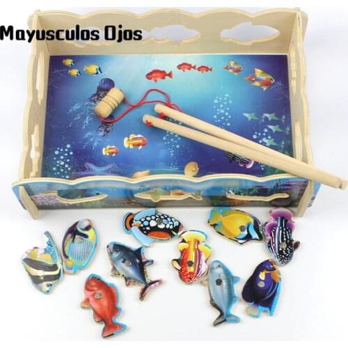 Wooden Magnetic Fishing Fun Childrens Jigsaw Puzzle Toys Parent-child Wooden Toys With Fence