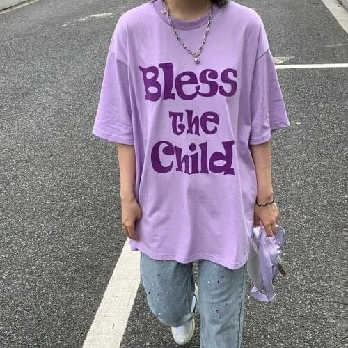 Bless The Child Letters Print Oversized T shirts Unisex Short Sleeve Street Style Top Summer Crewneck Pure Cotton Kpop T shirts