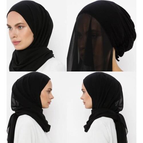 Cotton Jersey Underscarf Plain Chiffon Shawl With Cap Islam Inner Scarf Headband Stretch Hijab Cover Headwrap Turbante