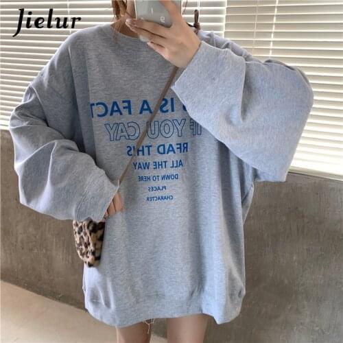 Jielur 2021 Autumn Korean Hoodies Women Gray White Basic Thin Letter Female Sweatshirt Loose Oversized Hoodie Pullovers M-XL