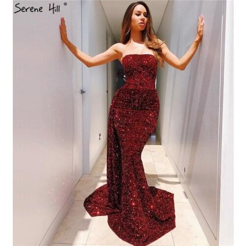 Wine Red Luxury Sexy Mermaid Evening Dresses Design 2020 Dubai Sequins Off Shoulder Evening Gowns Serene Hill BLA70304