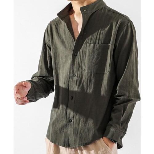 60%HOTMen Solid Color Pocket Stand Collar Buttons Shirt Top Cotton Linen Loose Coat