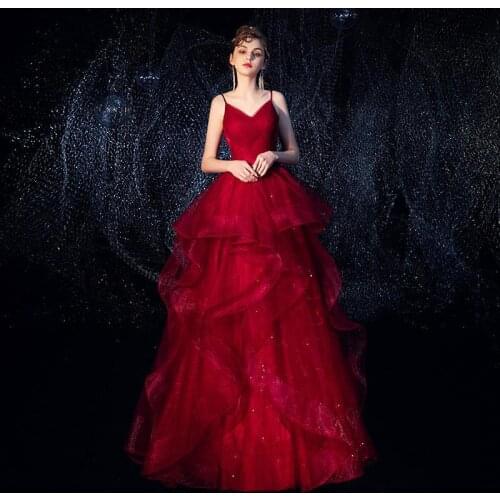 Fashion Spaghetti Strap Wine Red Evening Dress Sexy Slim Bridal Dinner Toast Dress Long Bling Bling Section Banquet Prom Dresses