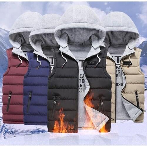 2021 Mens Down Vests Cotton-Padded Winter Jacket Waistcoat Sleeveless Solid Zipper Thick Hooded Coats Male Overcoat Warm Vests