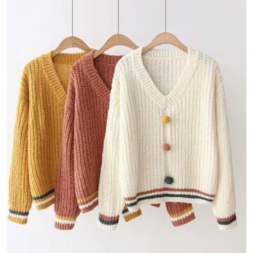 Autumn Winter Korean Pullovers Women Loose V-collar Stripe Sweater Female Student Long Sleeve Casual Knitted Sweaters Top H9436