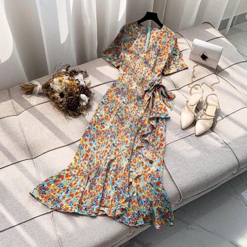 Korobov Korean Women Print Summer Dress Vintage V Neck Short Sleeve Lacing Bow Female Dresses 2021 New Ruffles Trumpet Dress