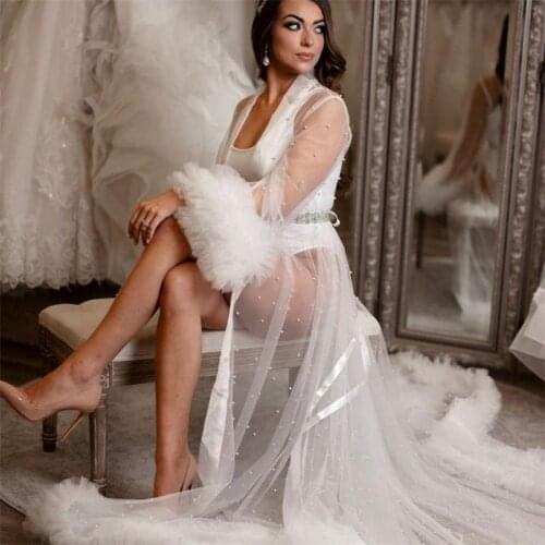 See Through Pearls Celebrity Dress Ruffles Long Bridal Sleepwear Maternity Nightgowns Sexy Robes