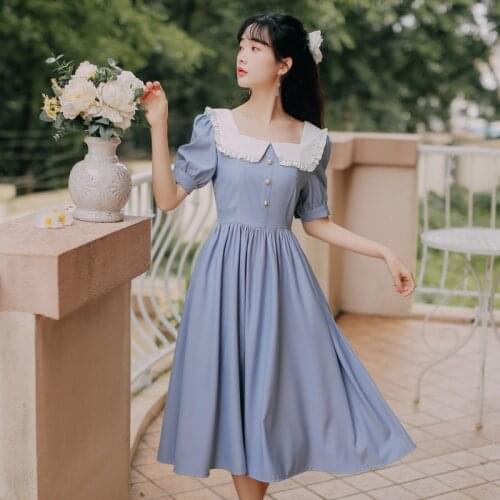 Summer Dress Niche Solid Retro Color Vestido Women 2021 French Square Collar Elegant Ruffle Stitching Kawaii Cute Dresses Female