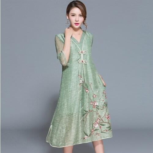 Ethnic Chinese Style V Neck Button Floral Print Women Dresses High Quality Silk Linen Dress Side Split Pocket Vestidos Plus Size