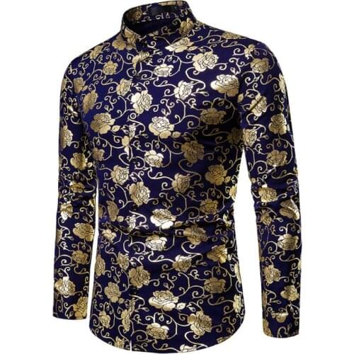 New Stylish Gold Flower Print Black Shirt Men Spring New Slim Fit Long Sleeve Mens Dress Shirts Party Casual Male Social Shirt