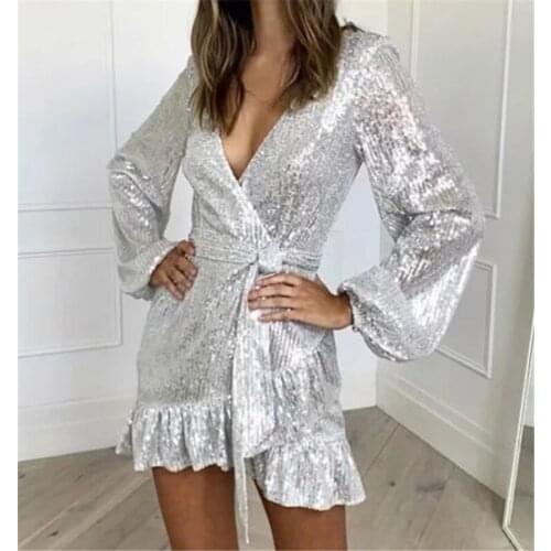 Sexy Sequin Wrap Dress Autumn Winter Elegant Night Club Ladies Clothes 2021 New Ruffles Long Sleeve Bling Shiny Mini Party Dress
