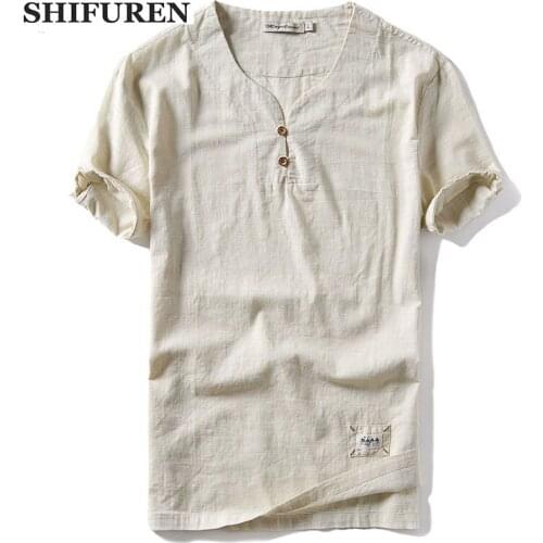 SHIFUREN Breathable Causal Men Cotton Linen Shirts Traditional Chinese Style Loose Fit New Summer Short Sleeve Dress Shirts