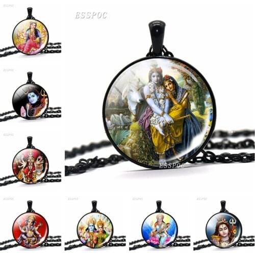 Shiva Statue Glass Dome Pendant Necklace Krishna and Radha Black Chain Necklaces Fashion Yoga Religious Jewelry for Men Women