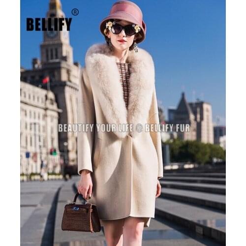 Stylish new brand famous French Design Luxury cashmere long trench coats With natural fox fur