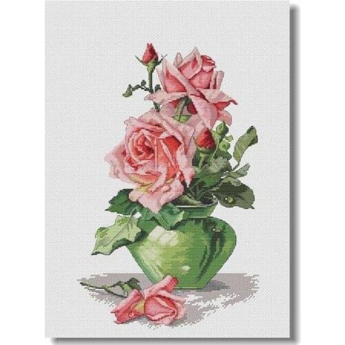 Cross stitch Handmade 14CT Counted Canvas DIY,Cross-stitch kits,Embroidery Pink rose glass vase 32-44