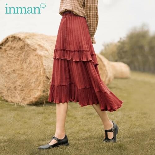 INMAN Spring Autumn Japanese Style Literary Fashion Pleated Skirt A-line Version of Leg Long Pleated Skirt