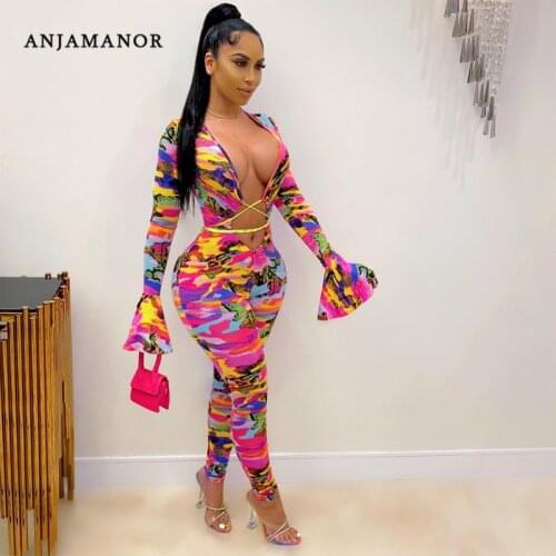ANJAMANOR Pink Multi Camo Print Jumpsuit Sexy Clothes for Women Club Outfits Laced Up Hollow Out Bodycon Rompers D10-CI28