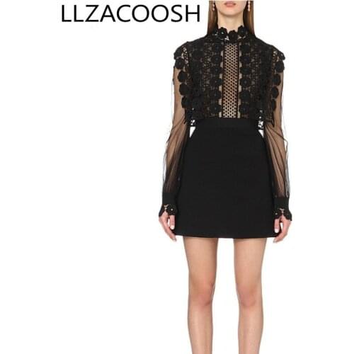 Self Portrait 2019 Runway Summer Women Lace Hollow Out Patchwork Long Sleeve Sexy Ladies black Party Mini Dress