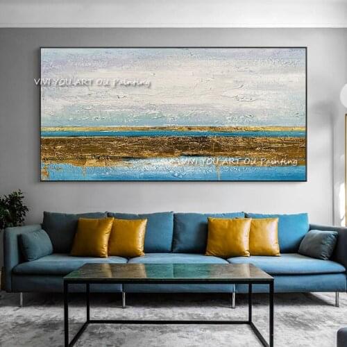 100% Hand Painted Blue Ocean Gold Foil Oil Painting Large Seascape Modern Art with No frame As A Gift for Home Decoration