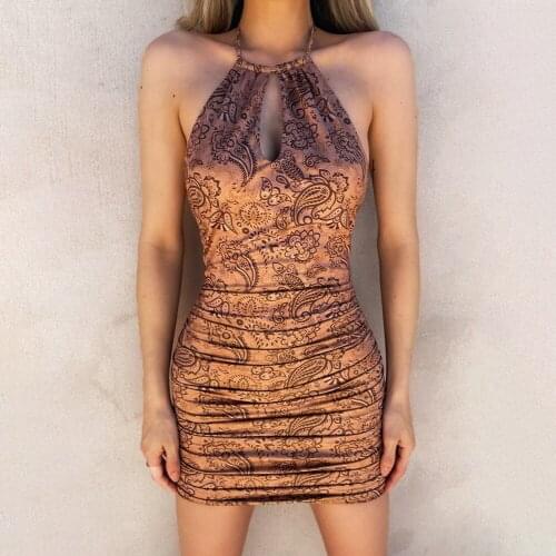 2021 Elegant Tailored Sundress Holiday Sleeveless Ruffle Dress Fashion Print Summer Halter Sexy Backless Mini Dress