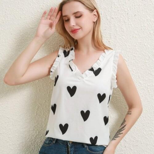 2021 Summer T-Shirt Blouse Love Printing V-Neck Ruffled Pleated Top High Quality Comfortable Women Clothing New