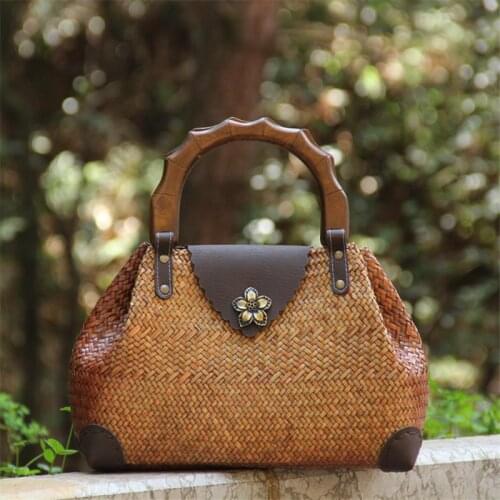30x22CM Original Chinese Style Features Handmade Old Straw Rattan Woven Retro Wooden Handle Handbag Bag a6100