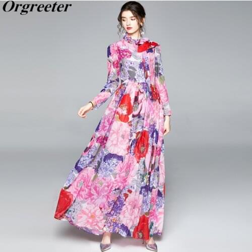 9 Colors Choose Holiday Big Swing Floor Length Chiffon Dress Spring New O-neck Long Sleeve Printted Maxi Dress With scarf