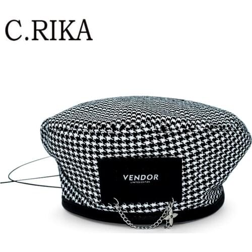New Chain Houndstooth Beret Women Autumn Winter Girl Harajuku Vintage Painter Hat Outdoor Fashion Warm Beret Hat Newsboy Hat