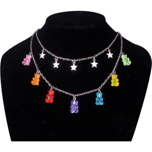 Bohemia Colorful Cartoon Bear Sequins Necklace DIY Handmade Colorful Resin Bear Fresh Double Layer Choker Necklace Jewelry