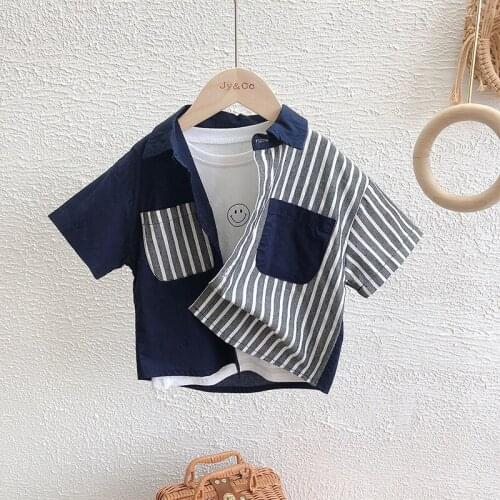 Kids Korean Style Shirts 2021 New Summer Baby Boys Color Matching Striped Shirts Childrens Cotton Fashion Blouse Boys Clothes