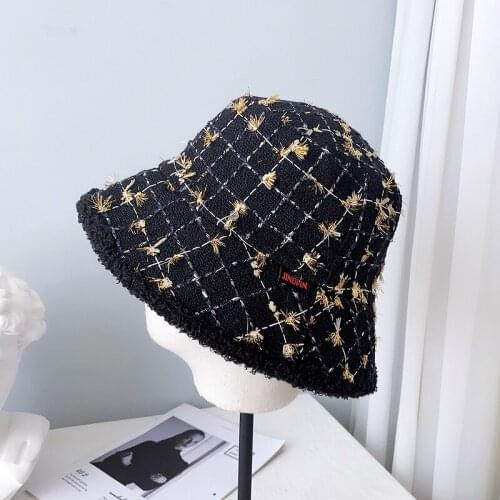 European Thick Hat Small Fragrance Wind Gold Wire Lattice Fisherman Hat Woman Winter Warm Plus Velvet Versatile