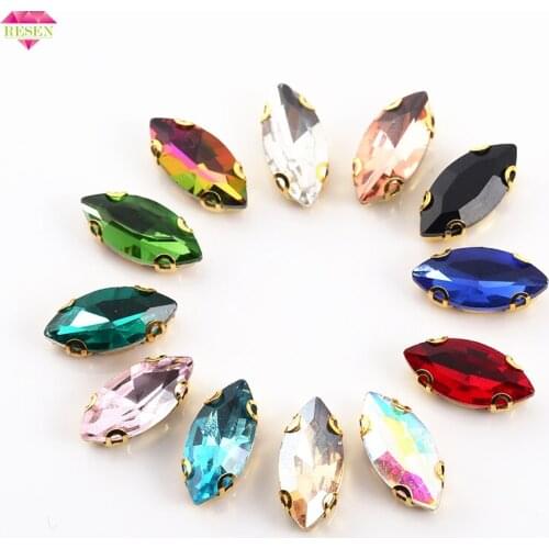 RESEN 7x15mm 50pcs/pack D Shape Claw Sew On Stones Horse Eye Faltback Glass Sewing Rhinestones With Holes DIY Sewing Accessories