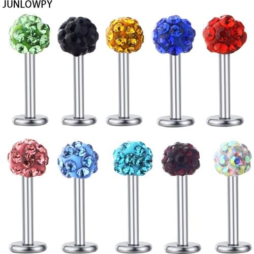 JUNLOWPY Labret Ring 16G 6/8/10mm Crystal Ball Surgical Stainless Steel Ball Tragus Bar Ear Body Piercing Jewelry Lip Ring 30PCS