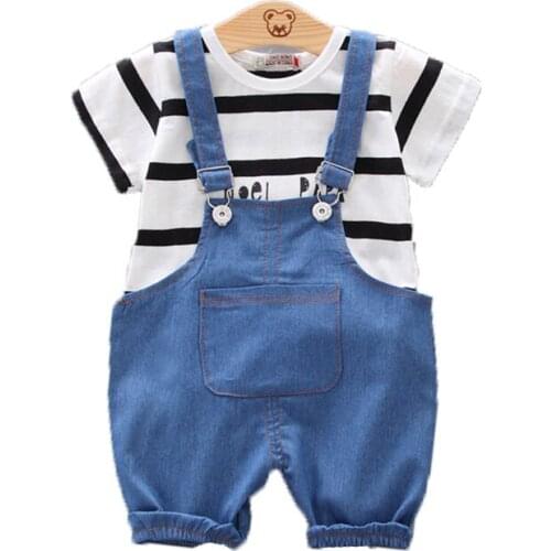 2021 summer new childrens short-sleeved striped round neck shirt jacket denim bib two-piece suit baby fashion suit 0-4Y
