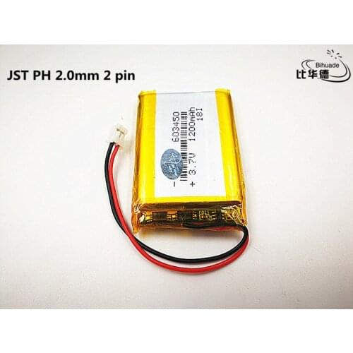 10pcs/lot JST PH 2.0mm 2 pi Good Qulity 3.7V,1200mAH,603450 Polymer lithium ion / Li-ion battery for TOY,POWER BANK,GPS,mp3,mp4